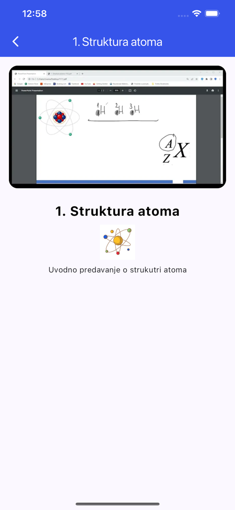 Sa Hemijom Na Ti - Mobile app interface showing an introductory chemistry lecture about atomic structure in Serbian