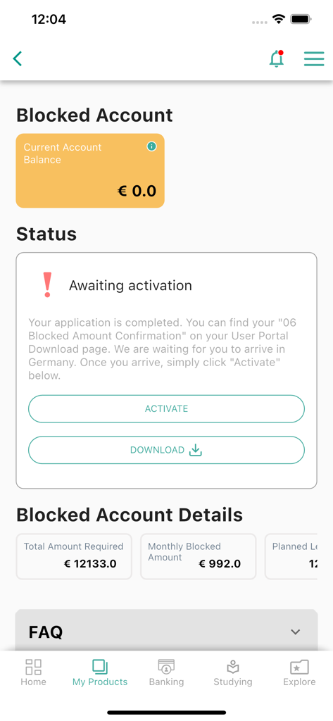 Expatrio - Study in Germany - Expatrio app screen showing blocked account balance and activation status for a German student visa