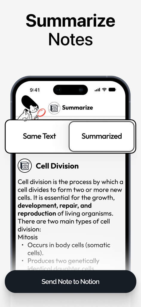 NoteShot: Photo Note to Notion - Pantalla de smartphone de la aplicación NoteShot mostrando la función de resumen de IA para notas antes de sincronizar a Notion