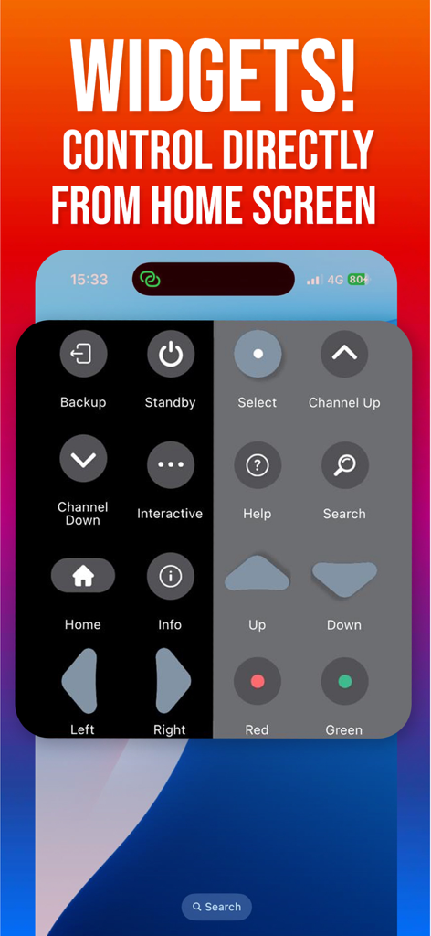 Remote Control for Sky Q - Una pantalla de inicio de smartphone que muestra el widget Control Remoto para Sky Q con botones de navegación y canales