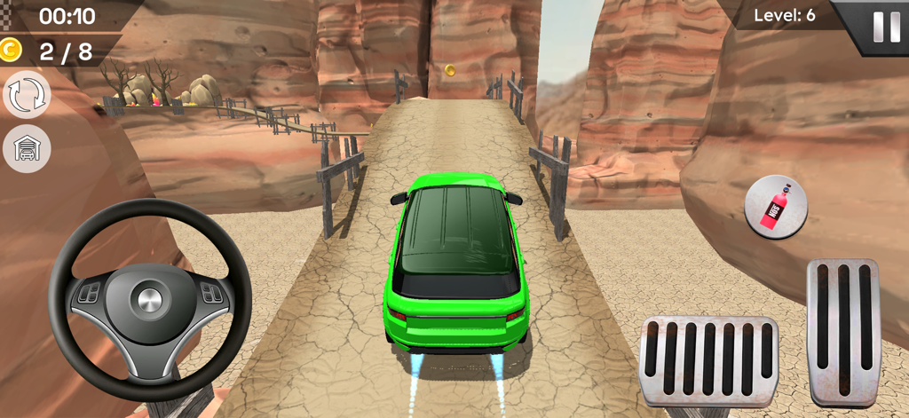 Car Driving Game - Hill Climb - A green car driving across a narrow bridge in a 3D desert canyon simulation