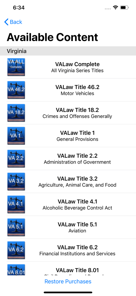 State Statute & Federal Law - 자동차법 및 형법을 포함한 State Statute 앱의 버지니아 법률 제목 및 법령 목록