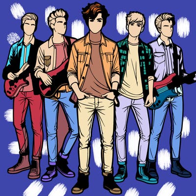 a realistic rock band playing music with only boys