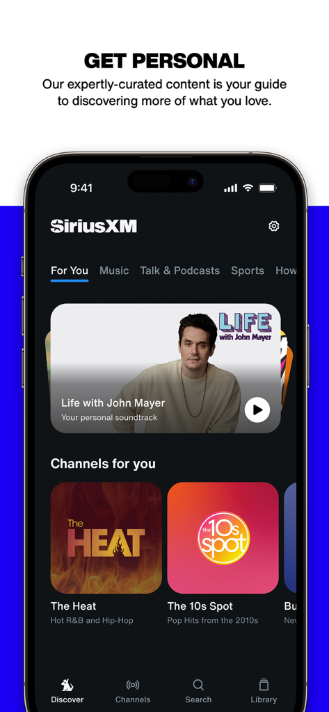 SiriusXM app interface showing personalized music recommendations and curated radio channels.