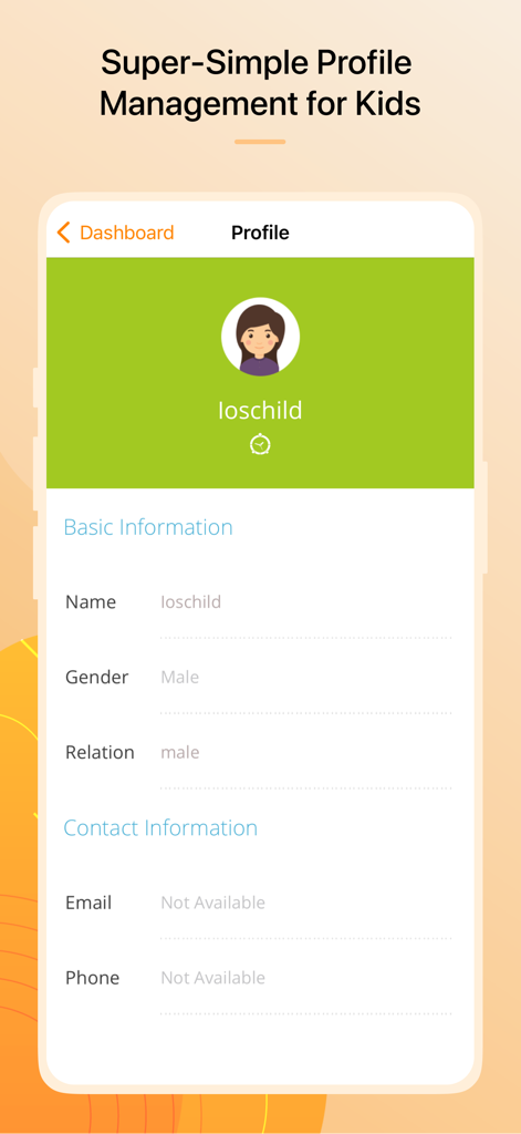 FamilyTime Jr. - A screenshot of the FamilyTime Jr app displaying a child's profile page with basic and contact information.