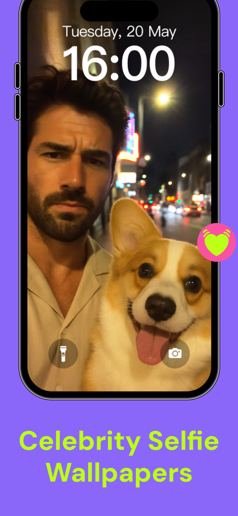 PicMi - Wallpaper & Widgets - Ein iPhone-Sperrbildschirm, der ein Selfie eines Prominenten mit einem Corgi-Hund als benutzerdefiniertes Wallpaper anzeigt.