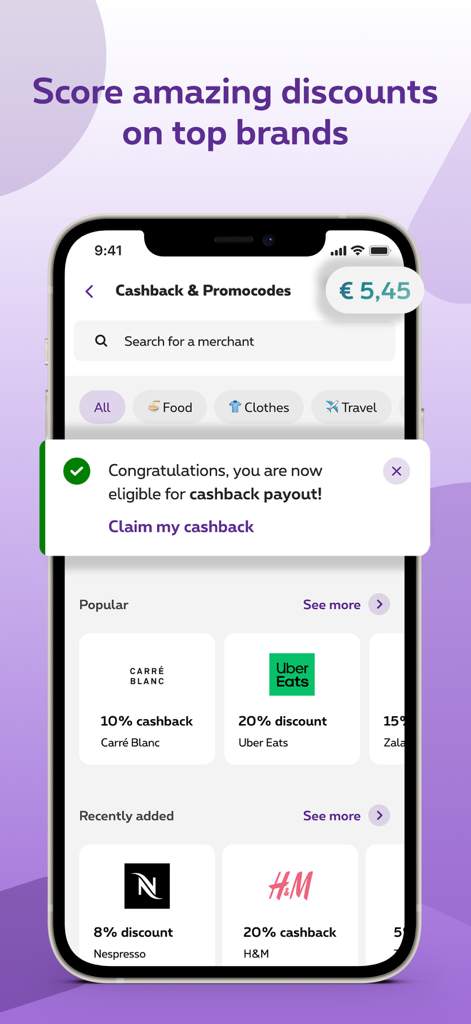 Proximus plus app screen showing cashback rewards and brand discounts for popular merchants
