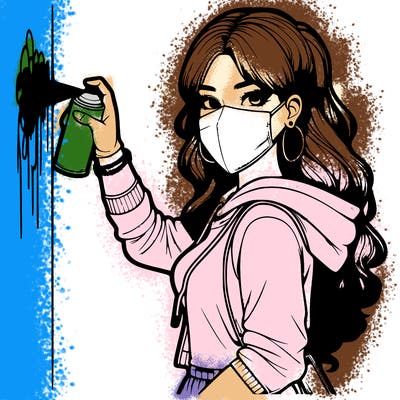 realistic girl with mask spray painting a wall
