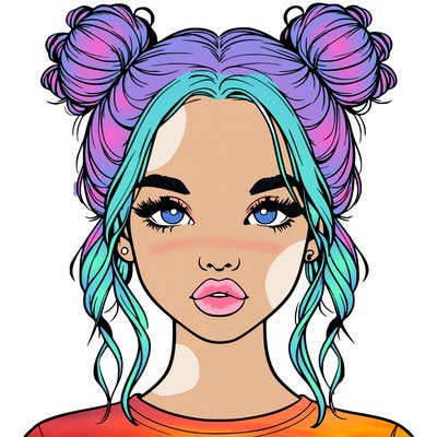 realistic girl with two buns in hair and lips