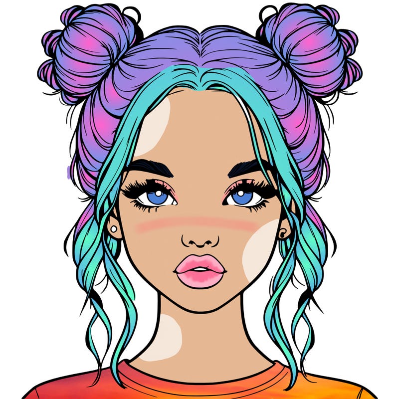 realistic girl with two buns in hair and lips