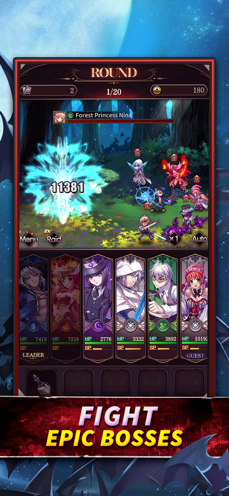 Bloodline: Last Royal Vampire - 숲의 공주 니나와 싸우는 애니메이션 캐릭터 팀이 등장하는 블러드라인 라스트 로열 뱀파이어의 턴제 보스 전투 장면