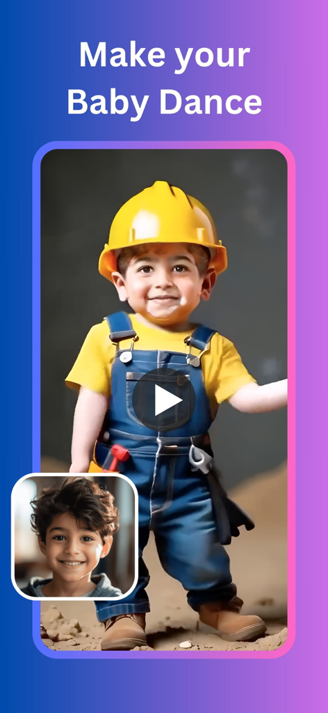 Pantalla del Generador de Bebés IA que muestra la función Baile de Bebé IA con un niño vestido de obrero