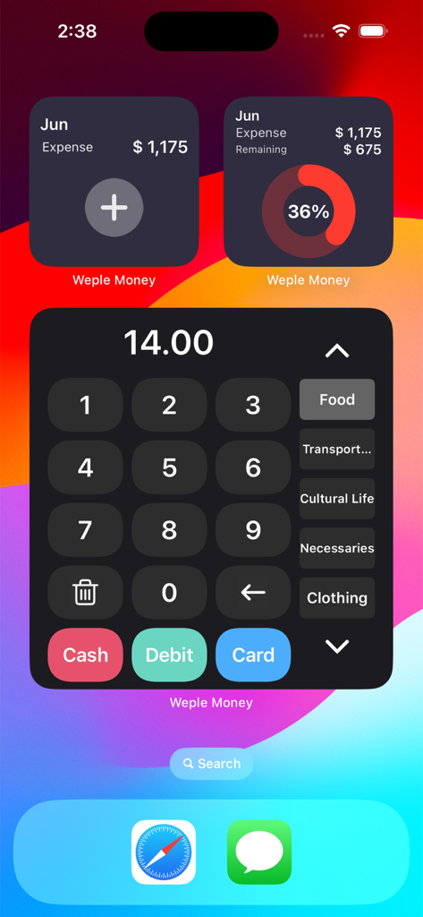 Weple Money Pro iOS widgets for monthly expense summaries and a quick transaction entry keypad on the home screen