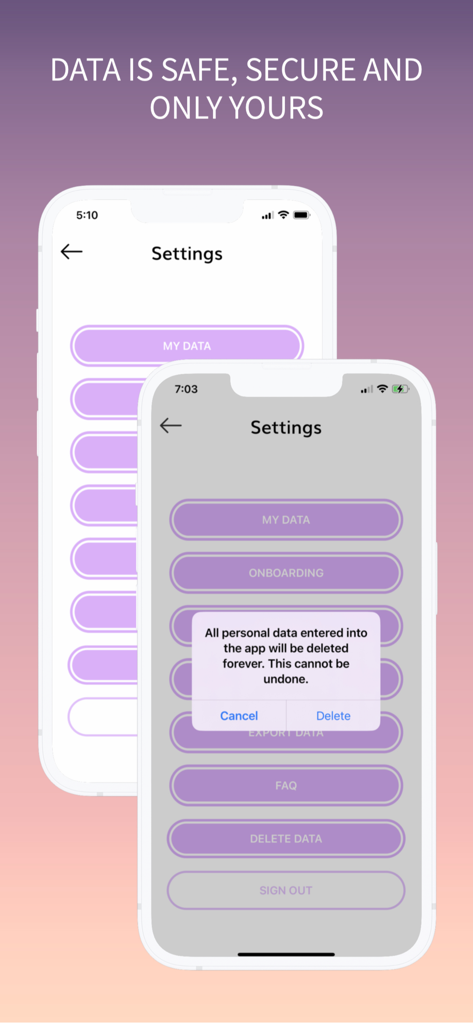 My Moontime™ Period Tracker - A mobile app screen showing privacy settings and a prompt to permanently delete all personal data.