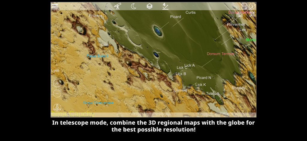 GlobeViewer Moon PRO - High resolution 3D regional map showing lunar craters and topography with labels