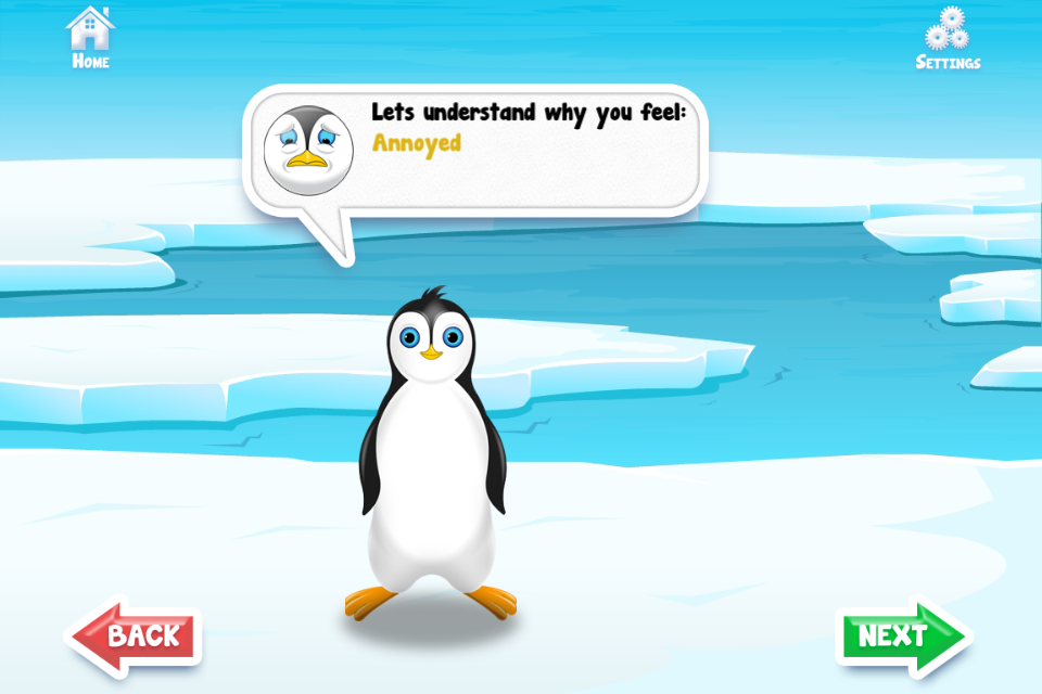 Positive Penguins app screen showing a cartoon penguin helping a child understand why they feel annoyed as part of a social-emotional learning activity