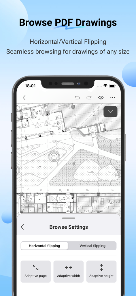 PlanForm - PlanForm 앱에서 검색 및 플립 설정이 있는 스마트폰에 기술 건축 청사진 표시