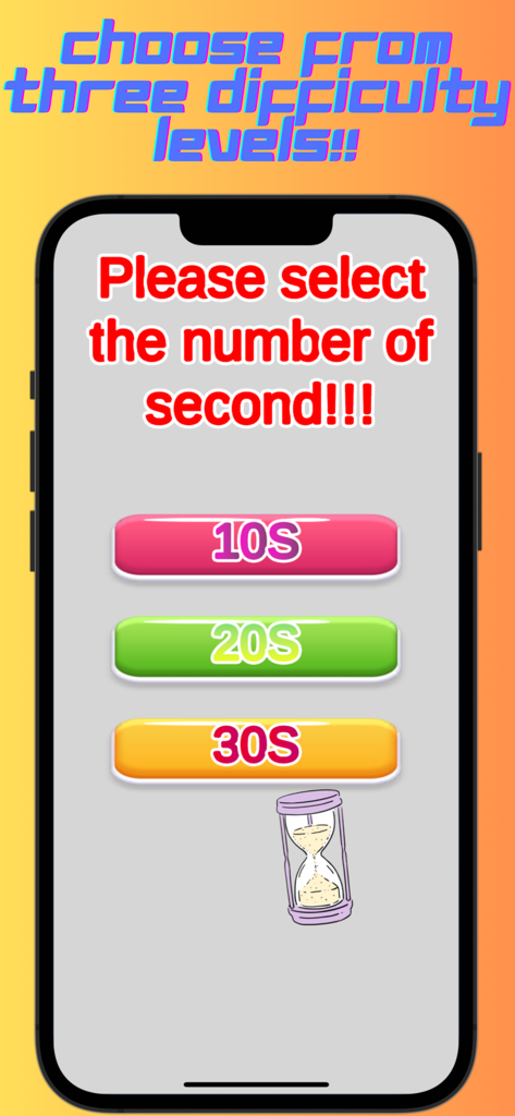 STOP!!TIMER!!! - Schermata di selezione del livello di difficoltà per il gioco mobile Stop Timer con opzioni per 10s, 20s e 30s.