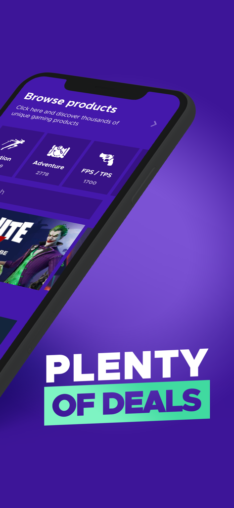 Interface de l'application mobile Eneba montrant des catégories de produits de jeu et des offres promotionnelles