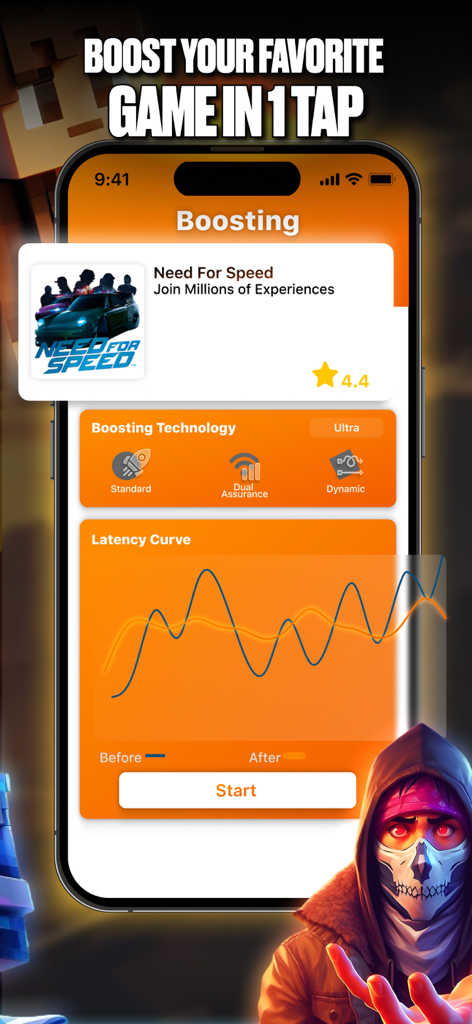 GFX Tool & Games Booster - Interface of GFX Tool showing a latency curve graph and a start button to boost game performance