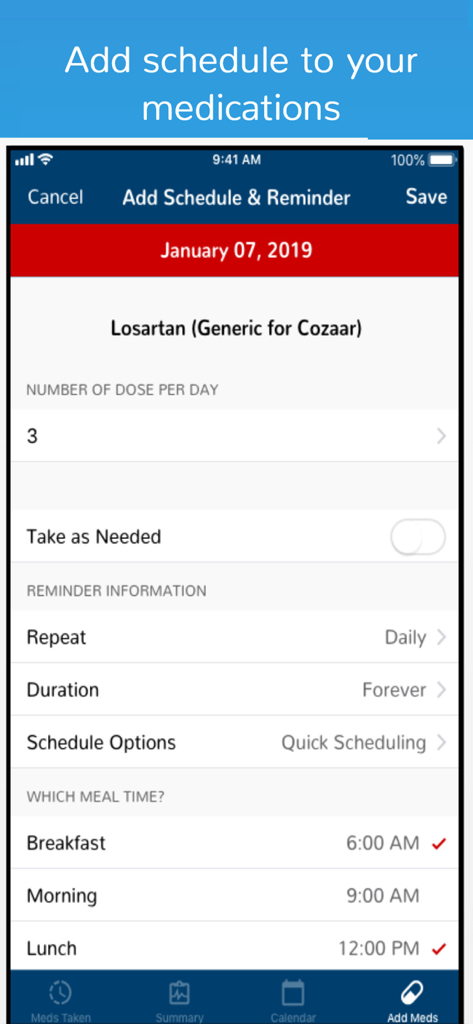 Interfaccia dell'app mobile per l'aggiunta di schemi di farmaci e promemoria giornalieri per il Losartan