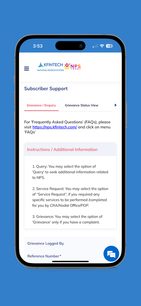 NPS by KFintech-CRA - Subscriber support screen in the NPS by KFintech app showing options for grievances and enquiries.