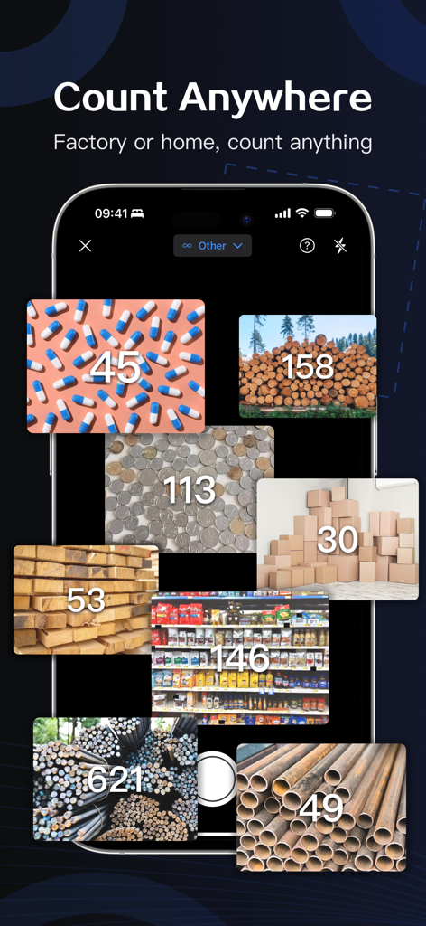 SnapCount app showing automated AI counting for various items including industrial pipes wood boxes and pills