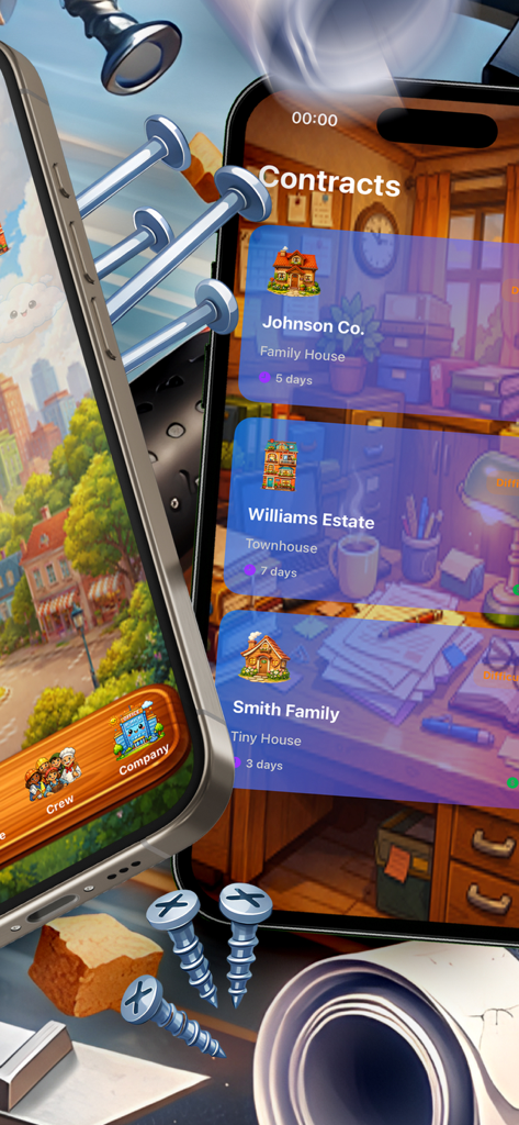Écran d'iPhone montrant des contrats de construction pour un jeu de construction de ville cosy.