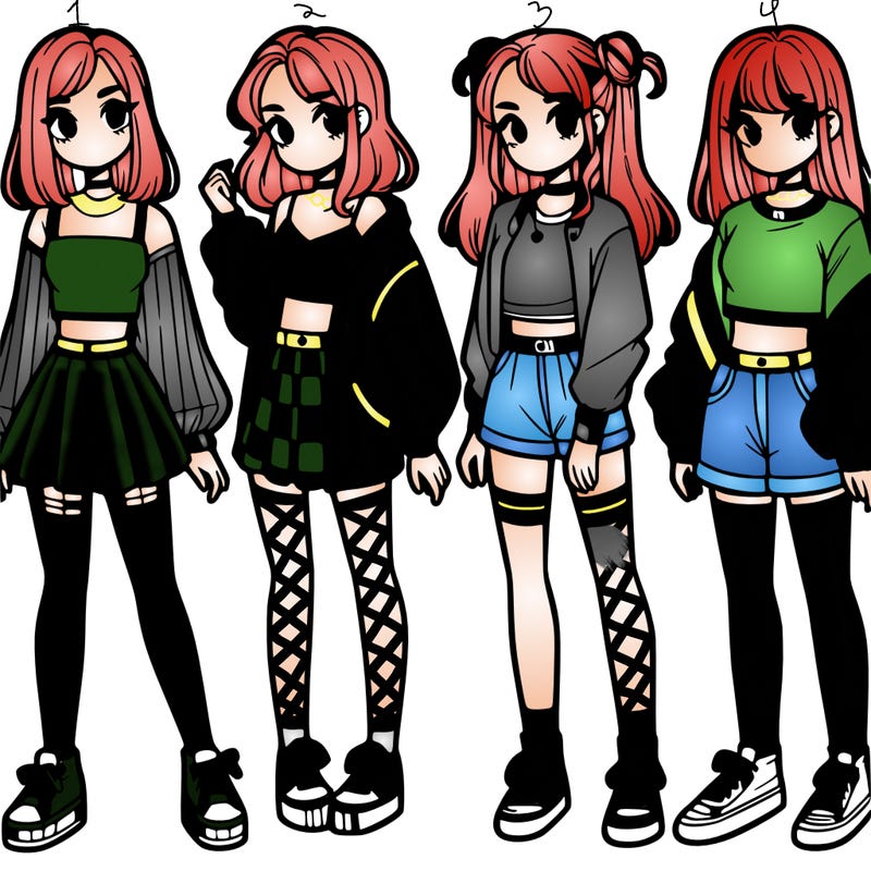 one girl with crop-top shirt and a jacket with a skirt, long socks and another girl with a shirt and pants with a jacket