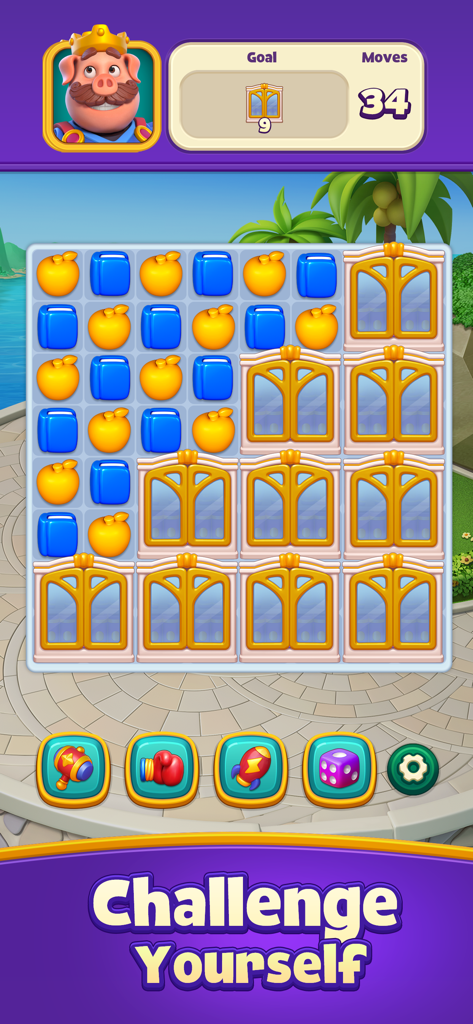 A colorful match 3 puzzle board in Piggy Kingdom featuring a king pig character and various game boosters