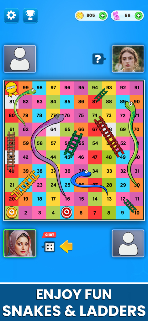 Classic Ludo : Dice Board Game - Gameplay screen of the Snakes and Ladders mode in the Classic Ludo board game app