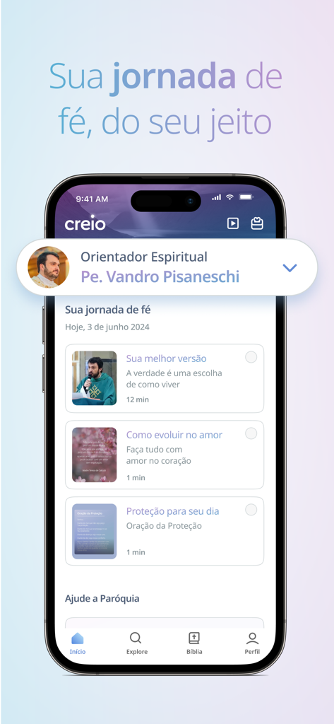 Creio - Creio mobile app interface displaying a personalized Catholic faith journey with daily spiritual reflections