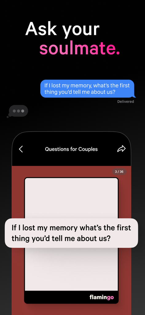 Flamingo Cards app showing a deep conversation starter for couples and soulmates