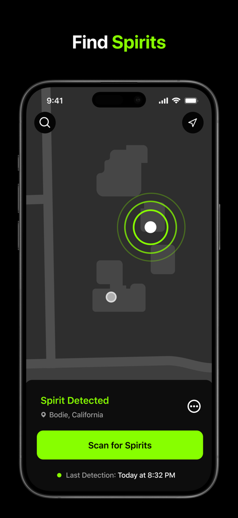Interface móvel do aplicativo Ghost Chat com um mapa de radar de detecção de espíritos