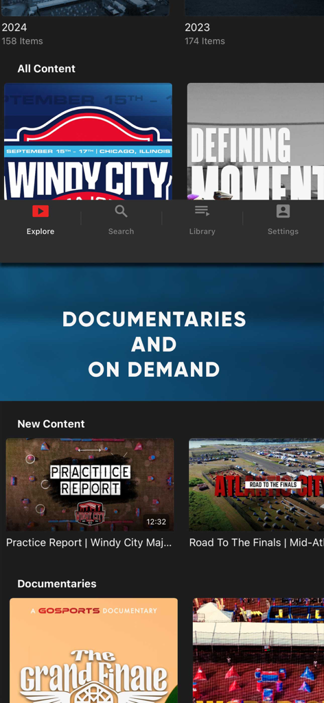 Major League Paintball + - Benutzeroberfläche der Major League Paintball Plus App mit Dokumentationen und On-Demand-Inhalten wie Trainingsberichten und Turnier-Highlights