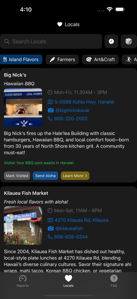 The Locals tab in the Hanalei app displaying local restaurant recommendations and business information on Kauai.
