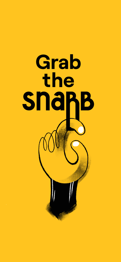 Promotional graphic on a yellow background with the text Grab the snabb and a stylized hand illustration