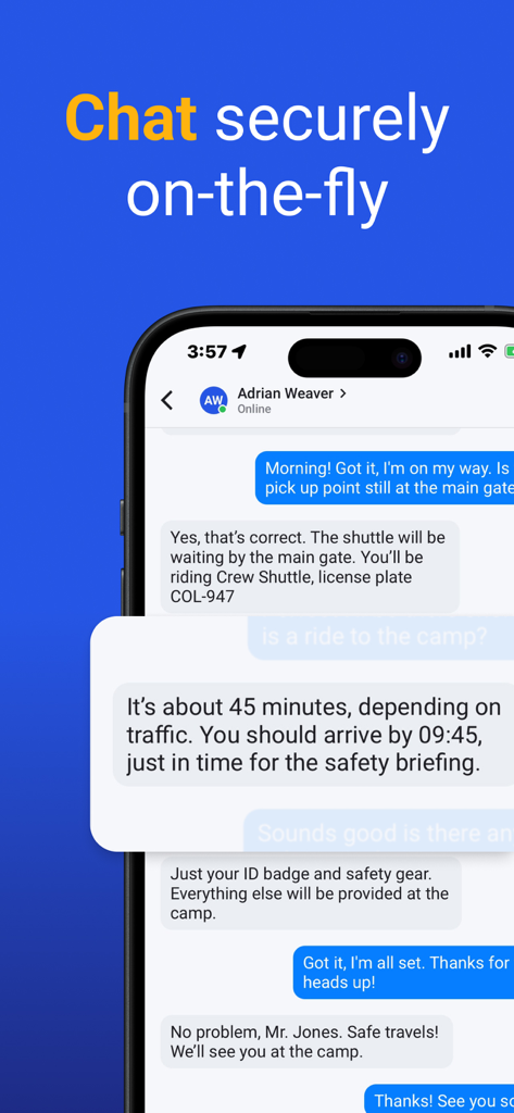 Secure in-app chat interface for coordinating corporate travel logistics and shuttle pickups