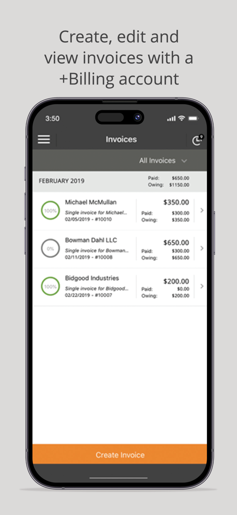 Time Tracker by eBillity - Mobile app interface displaying a list of client invoices with payment status and totals for professional billing