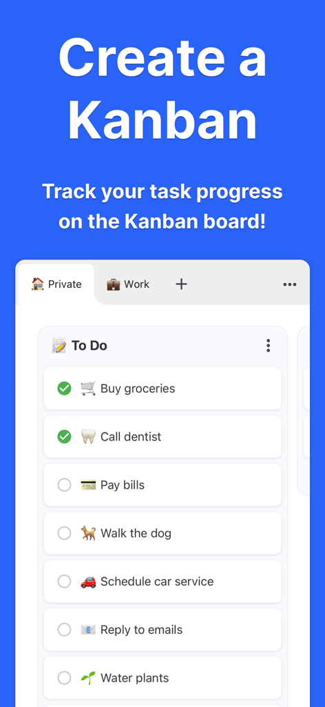 Interfaz de la aplicación KanbanBoard mostrando una lista de tareas en la columna Por hacer con tareas personales.