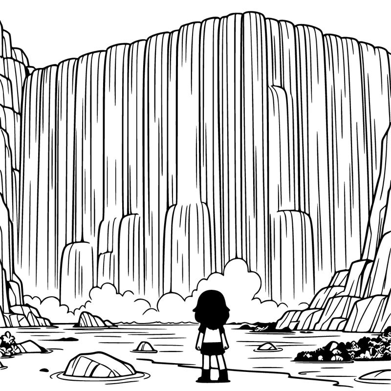 a giant waterfall with a girl standing looking at it