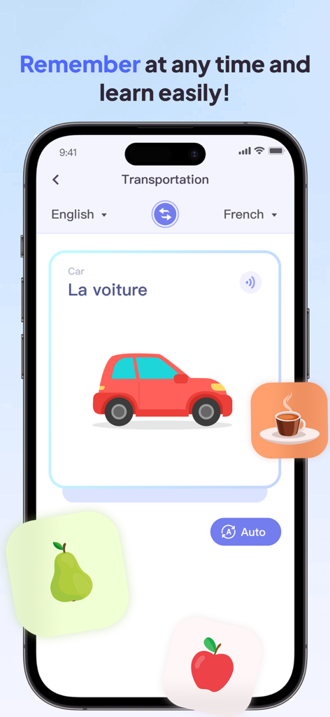 Hi Translate AI - Hi Translate AI app screen showing a French vocabulary card for car with an illustration of a red car