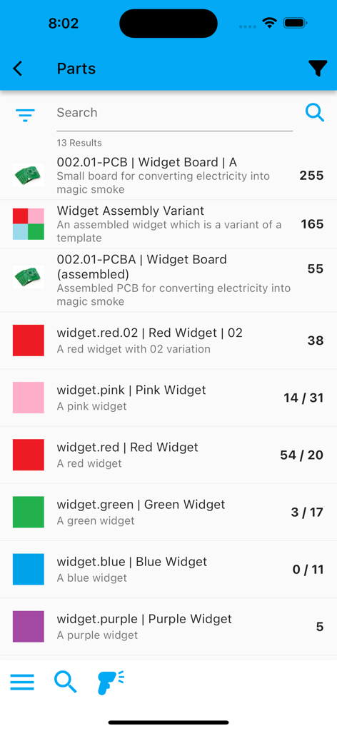InvenTree-Mobil-App-Teileliste mit Lagerbeständen und Beschreibungen verschiedener Komponenten