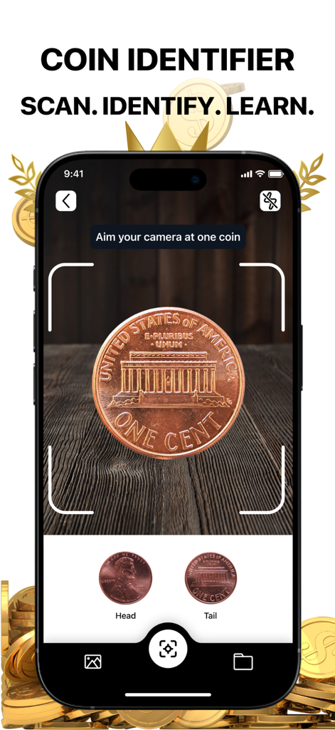 ValueCoin: Coin Identifier App - A smartphone screen showing the ValueCoin app camera interface scanning a US one cent coin for identification.