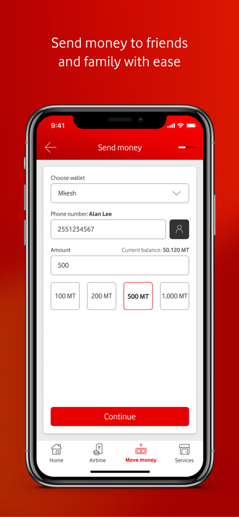 My M-Pesa Mozambique - Send money screen of the My M-Pesa Mozambique app showing options to choose a wallet and enter a recipient phone number and amount.