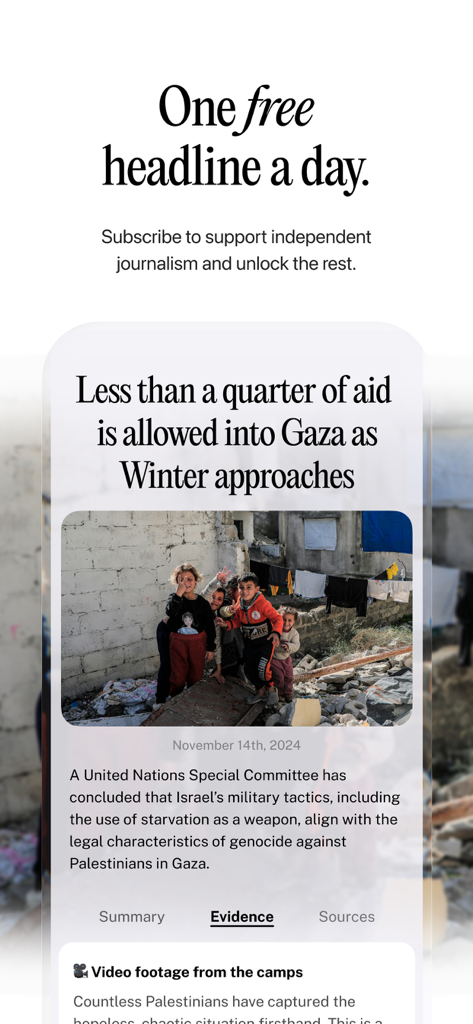 Interval News App-Oberfläche mit einer vorgestellten Nachrichtengeschichte mit Zusammenfassungs- und Beweisfunktionen für unabhängigen Journalismus.