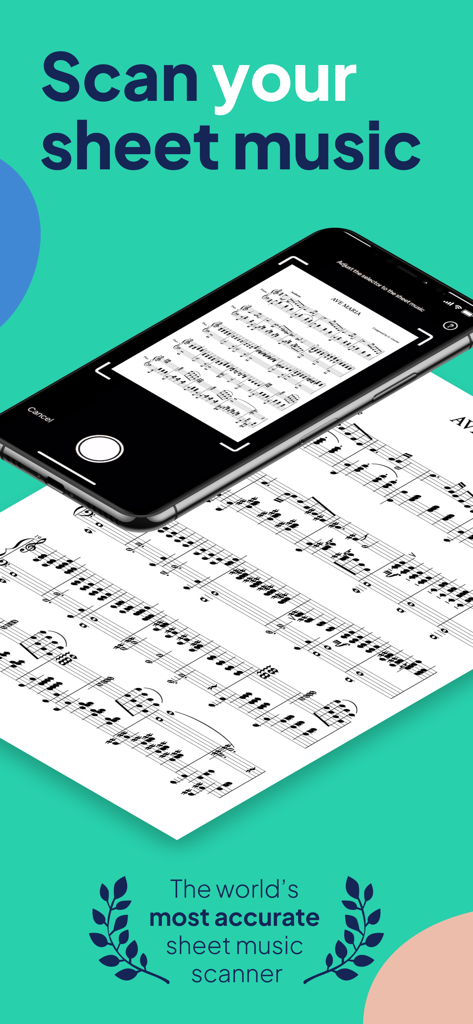 Sheet Music Reader Halbestunde - Ave Mariaというタイトルの楽譜をスキャンするためにHalbestundeアプリを使用しているスマートフォン