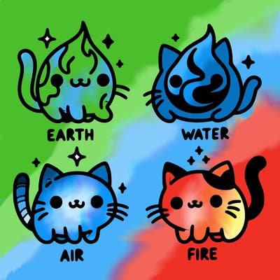 4 cats that represent the different elements, earth, water, air, and fire
