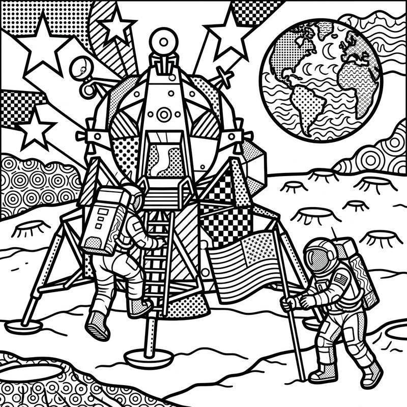 Embark on an epic creative journey with our Pop Art Apollo Mission coloring page! This unique design captures the thrill of space exploration with bold outlines and retro patterns, perfect for aspiring astronauts and art lovers alike.