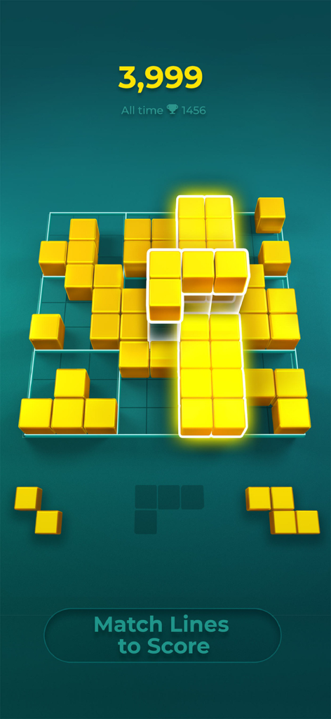 Playdoku: Block Puzzle Game - Ein Screenshot des Playdoku-Gameplays, der gelbe 3D-Blöcke auf einem minimalistischen Gitter mit der Anweisung Match Lines to Score zeigt